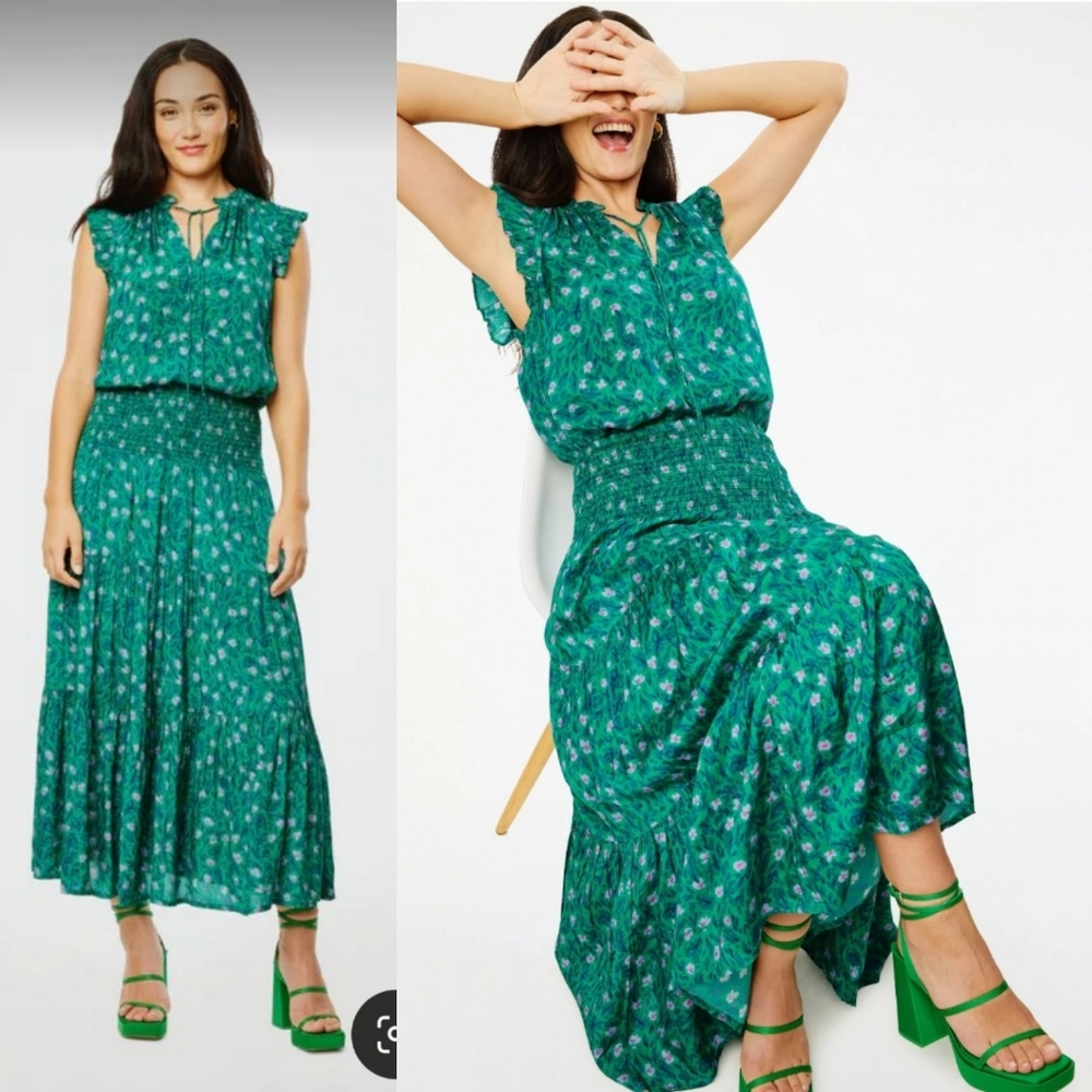 Roller Rabbit NWT Cerro Nikki Skirt Floral Midi Smocked in Emerald Size S